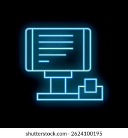 Blue neon icon of a billboard displaying text with a stack of papers underneath, isolated on a black background