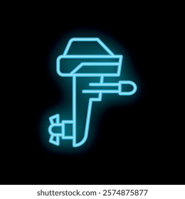 Blue neon icon of a boat motor is glowing on a black background