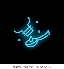 Blue neon icon of a bottle pouring oil in a spoon on a black background