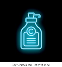 Blaues Neonsymbol einer Flasche mit einem Pumpenspender und einem Copyright-Zeichen, glühend auf schwarzem Hintergrund