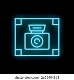 Blue neon icon of a camera taking a photo on a black background