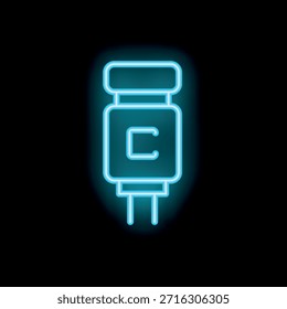 Blaues Neonsymbol eines Kondensators, eines elektronischen Bauteils, das elektrische Energie speichert und auf schwarzem Hintergrund hell leuchtet