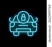 Blue neon icon of a car with a padlock is glowing on a black background, symbolizing a car security system