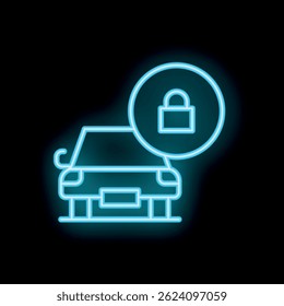 Blue neon icon of a car with a padlock, representing car security and anti theft systems