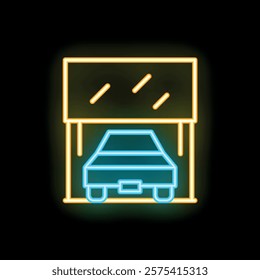 Blue neon icon of a car parking under a canopy, glowing on a dark background