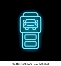 Blue neon icon of a car sharing app displaying battery status, symbolizing electric vehicle rentals