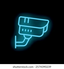 Blue neon icon of a cctv camera recording, isolated on a black background