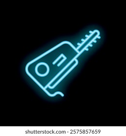 Blue neon icon of a chainsaw glowing on a black brick wall background, perfect for representing concepts like lumberjack, construction, and power tools