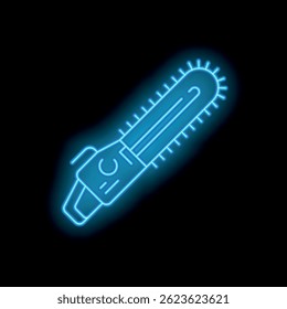 Blue neon icon of a chainsaw glowing on a black background