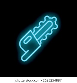 Blue neon icon of a chainsaw glowing on a black background