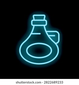 Blue neon icon of a classic bottle with a cork stopper, glowing on a black background