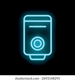 Blue neon icon of a computer case glowing on a black background