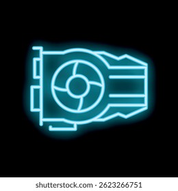 Blauw neon-pictogram van een computer grafische verwerkingseenheid gloeit op een zwarte achtergrond