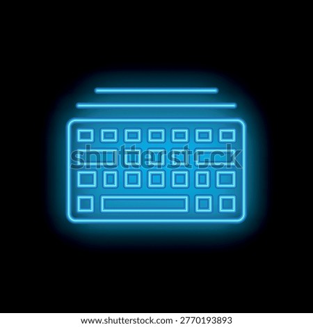 Blue neon icon of a computer keyboard typing a new message on a black background