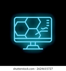 Blue neon icon of a computer monitor displaying a molecular structure, representing scientific research and analysis