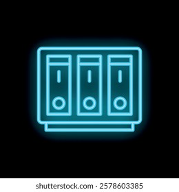 Blue neon icon of a computer server is glowing on a dark background, representing data storage