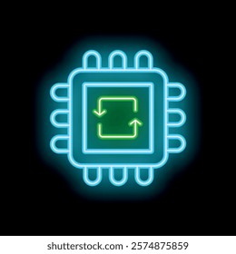 Blue neon icon of a cpu with green rotating arrows, illustrating a machine learning algorithm