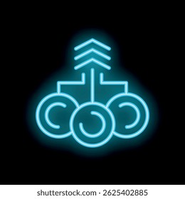 Blue neon icon of cryptocurrency transaction showing the concept of decentralized finance on a black background