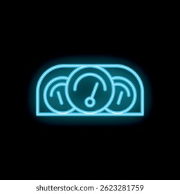 Icono de neón azul de un tablero con velocímetro y medidores que brillan sobre un fondo negro