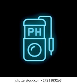 Blue neon icon of a device measuring ph with a probe displaying the results on a black background