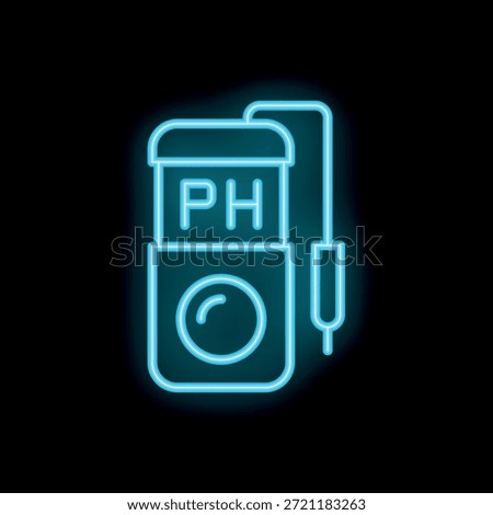 Blue neon icon of a device measuring ph with a probe displaying the results on a black background