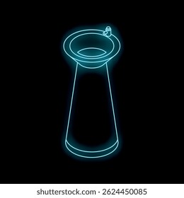 Blue neon icon of a drinking water fountain glowing on a black background
