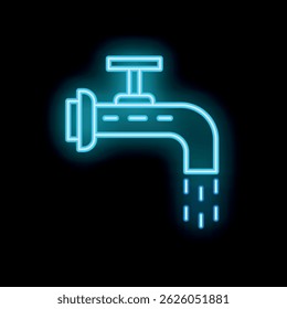 Blue neon icon of a dripping water faucet is glowing against a black background