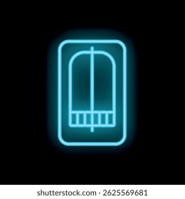 Blue neon icon of elevator doors glowing brightly against a dark background