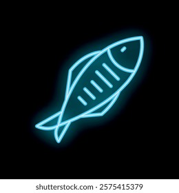 Blue neon icon of a fish glowing on a black background