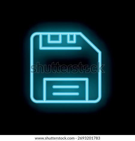 Blue neon icon of a floppy disk glowing on a black background
