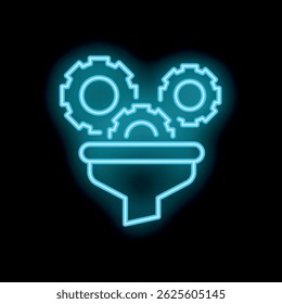Blue neon icon of gears falling into a funnel representing lead generation on a dark background