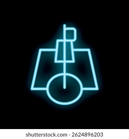 Blue neon icon of a golf flag on a putting green with a hole, glowing on a black background