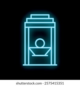 Blue neon icon of a guillotine glowing on a dark background