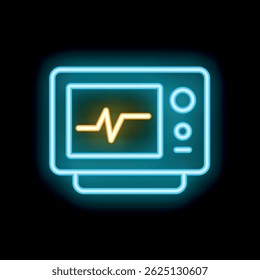 Blue neon icon of a heart rate monitor displaying a heartbeat on a black background