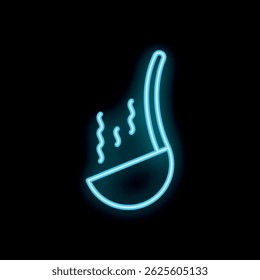 Blue neon icon of a ladle with steam coming out of it on a black background