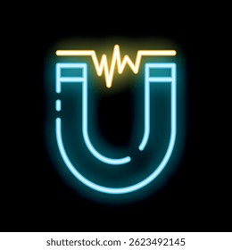 Blue neon icon of a magnet generating a magnetic field, isolated on a black background