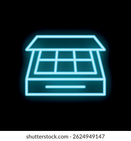 Blue neon icon of a makeup palette glowing on a black background