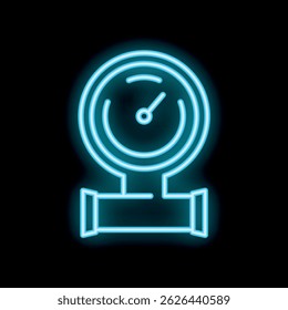 Blue neon icon of a manometer, measuring pressure in a pipe, on a black background