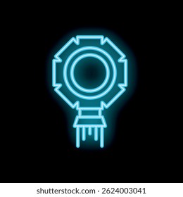 Blue neon icon of a medal award ribbon glowing on a black background, concept of winning and success