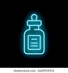 Blue neon icon of a medicine bottle glowing on a dark background