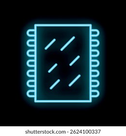 Blue neon icon of a microchip glowing on dark background