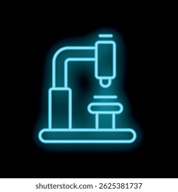 Blue neon icon of a microscope glowing on a black background, perfect for representing science and research