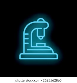 Blue neon icon of a microscope glowing on a black background