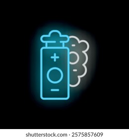 Blue neon icon of a modern electronic cigarette with vapor cloud glowing on black background