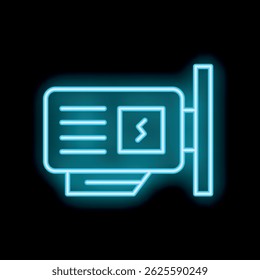 Blue neon icon of a modern graphics processing unit glowing on a dark background