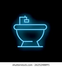 Blue neon icon of a modern toilet bowl glowing on a black background