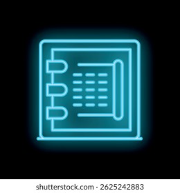 Blue neon icon of a notebook with a bookmark, glowing on a dark background, perfect for representing note taking