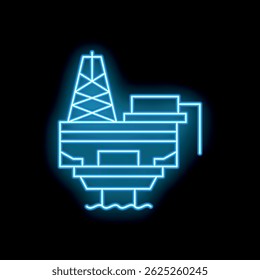 Blue neon icon of an oil platform drilling for oil in the sea