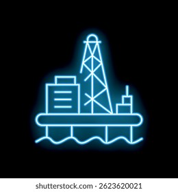 Blue neon icon of an oil rig extracting oil and gas from the ocean floor