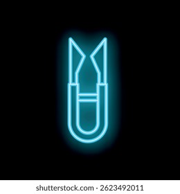 Blue neon icon of a paperclip glowing against a dark background